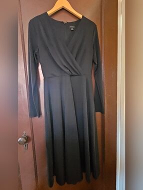 Ann Taylor Black Long-Sleeve Faux Wrap Midi Dress